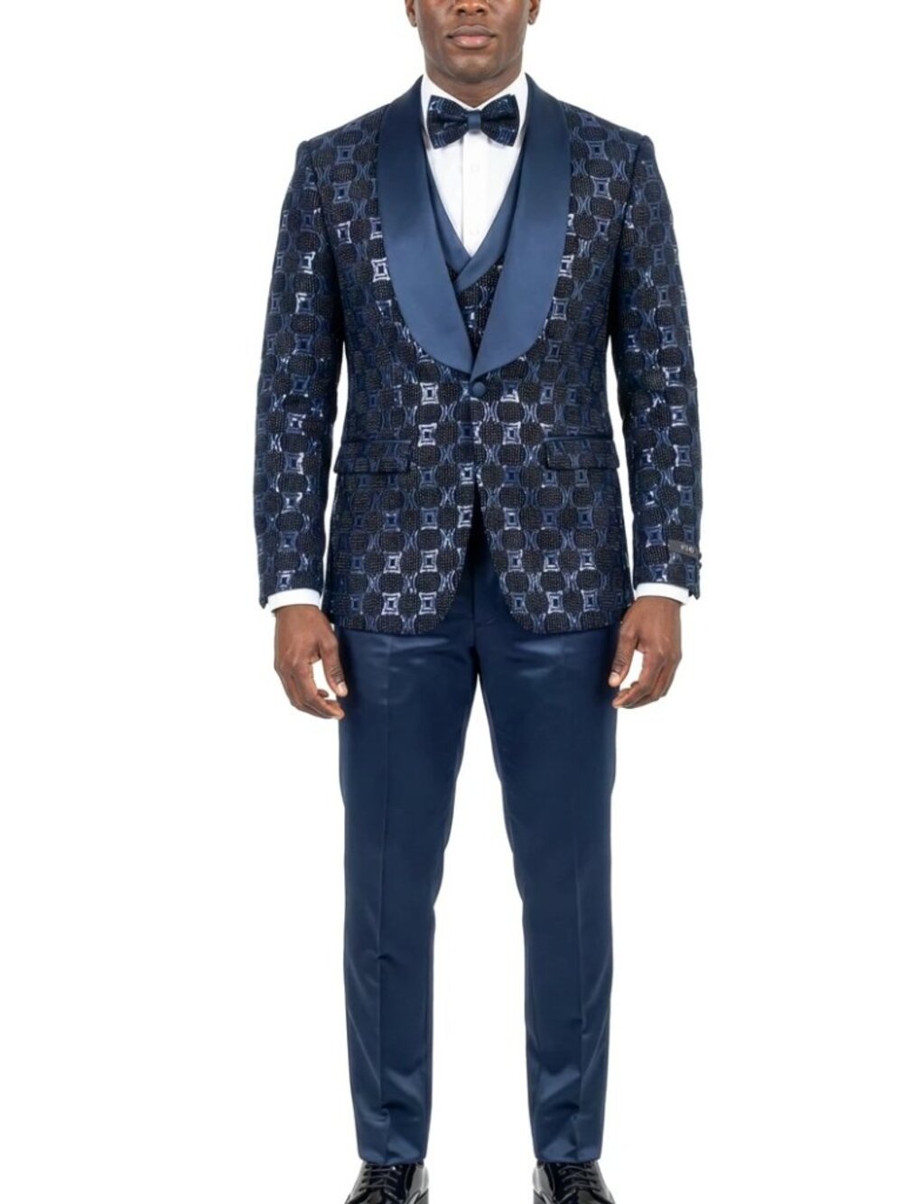 Navy Wide Satin Shawl Lapel Chained Sequin 3 Piece Skinny Fit Men's Fashion Suit